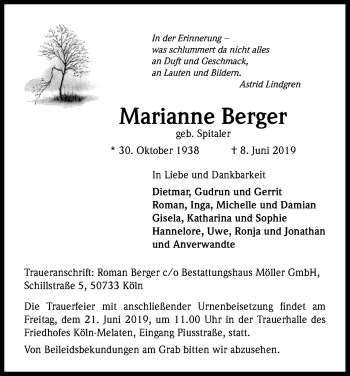 Anzeige von Marianne Berger von Kölner Stadt-Anzeiger / Kölnische Rundschau / Express