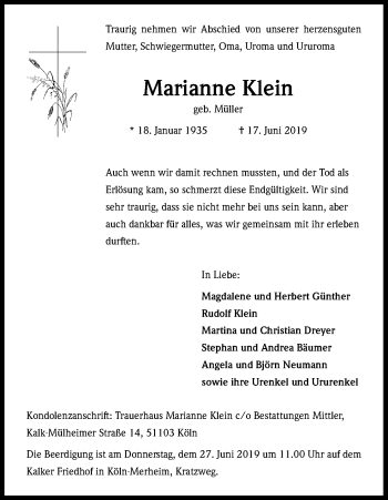 Anzeige von Marianne Klein von Kölner Stadt-Anzeiger / Kölnische Rundschau / Express