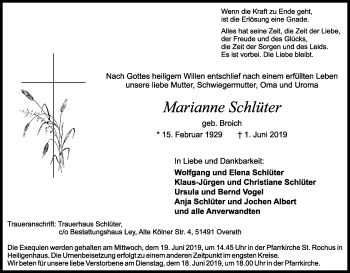 Anzeige von Marianne Schlüter von Kölner Stadt-Anzeiger / Kölnische Rundschau / Express