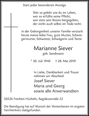Anzeige von Marianne Siever von  Sonntags-Post 