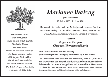 Anzeige von Marianne Walzog von  Sonntags-Post 