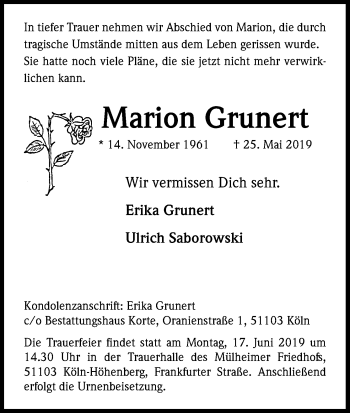 Anzeige von Marion Grunert von Kölner Stadt-Anzeiger / Kölnische Rundschau / Express