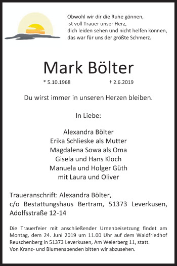 Anzeige von Mark Bölter von Kölner Stadt-Anzeiger / Kölnische Rundschau / Express