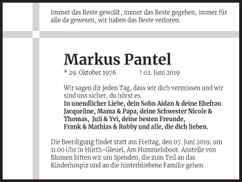 Anzeige von Markus Pantel von Kölner Stadt-Anzeiger / Kölnische Rundschau / Express