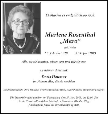 Anzeige von Marlene Rosenthal von Kölner Stadt-Anzeiger / Kölnische Rundschau / Express