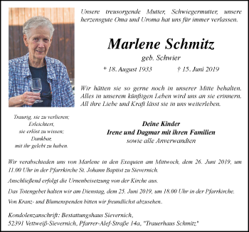 Anzeige von Marlene Schmitz von  Blickpunkt Euskirchen 