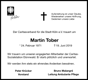 Anzeige von Martin Tober von Kölner Stadt-Anzeiger / Kölnische Rundschau / Express