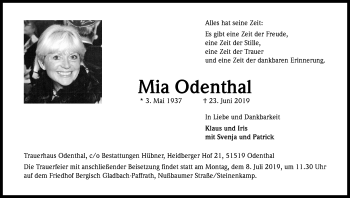 Anzeige von Mia Odenthal von Kölner Stadt-Anzeiger / Kölnische Rundschau / Express