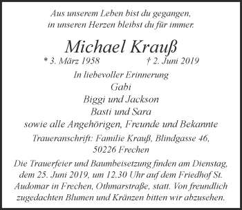Anzeige von Michael Krauß von  Wochenende 