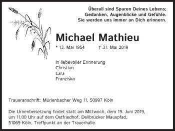 Anzeige von Michael Mathieu von Kölner Stadt-Anzeiger / Kölnische Rundschau / Express