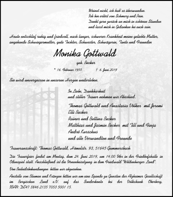Anzeige von Monika Gottwald von Kölner Stadt-Anzeiger / Kölnische Rundschau / Express