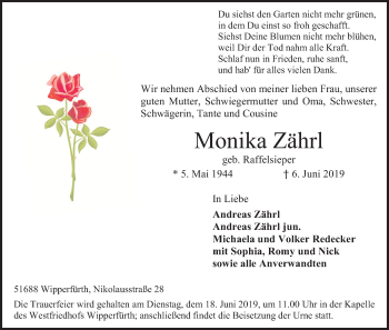 Anzeige von Monika Zährl von Kölner Stadt-Anzeiger / Kölnische Rundschau / Express