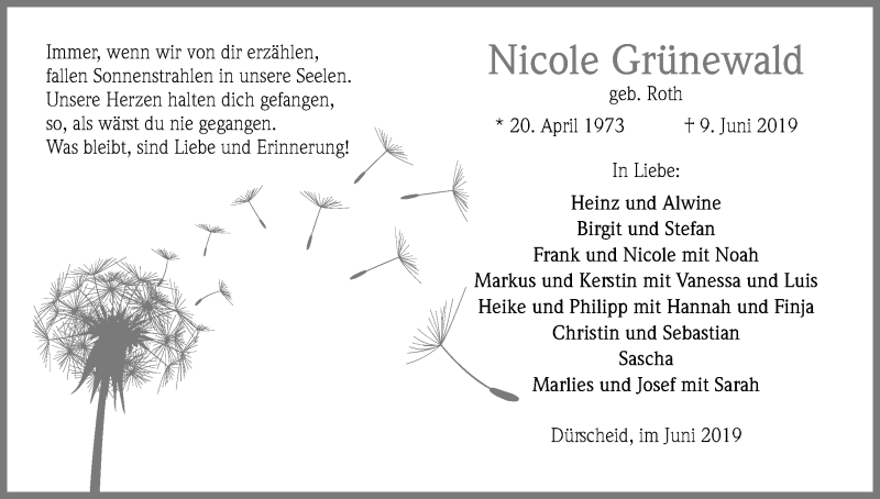  Traueranzeige für Nicole Grünewald vom 15.06.2019 aus Kölner Stadt-Anzeiger / Kölnische Rundschau / Express