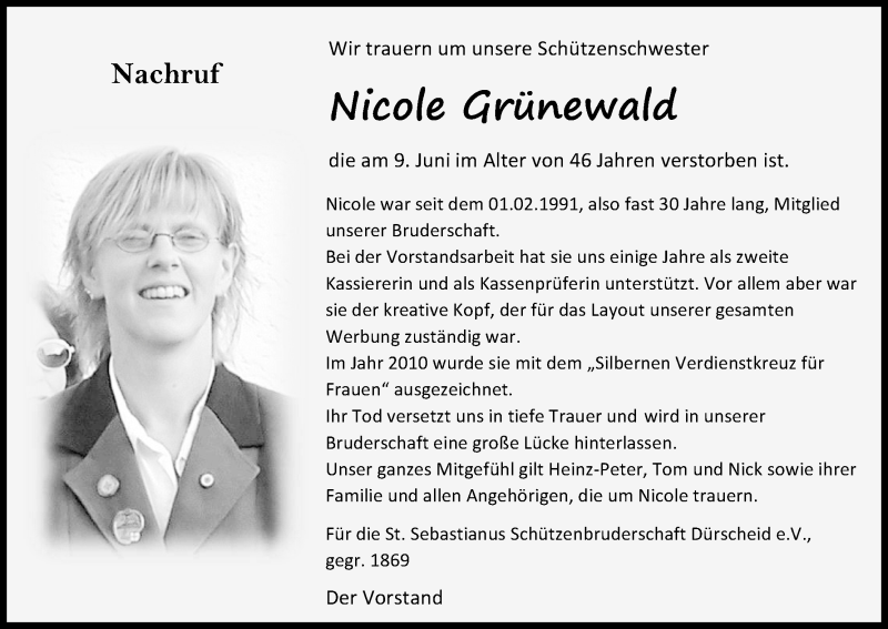  Traueranzeige für Nicole Grünewald vom 15.06.2019 aus Kölner Stadt-Anzeiger / Kölnische Rundschau / Express