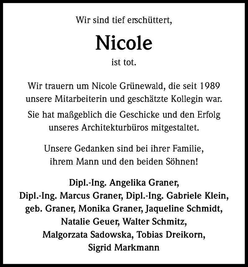  Traueranzeige für Nicole Grünewald vom 18.06.2019 aus Kölner Stadt-Anzeiger / Kölnische Rundschau / Express