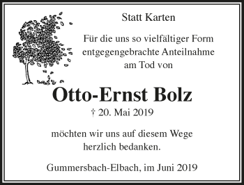 Anzeige von Otto-Ernst Bolz von  Anzeigen Echo 