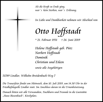 Anzeige von Otto Hoffstadt von Kölner Stadt-Anzeiger / Kölnische Rundschau / Express
