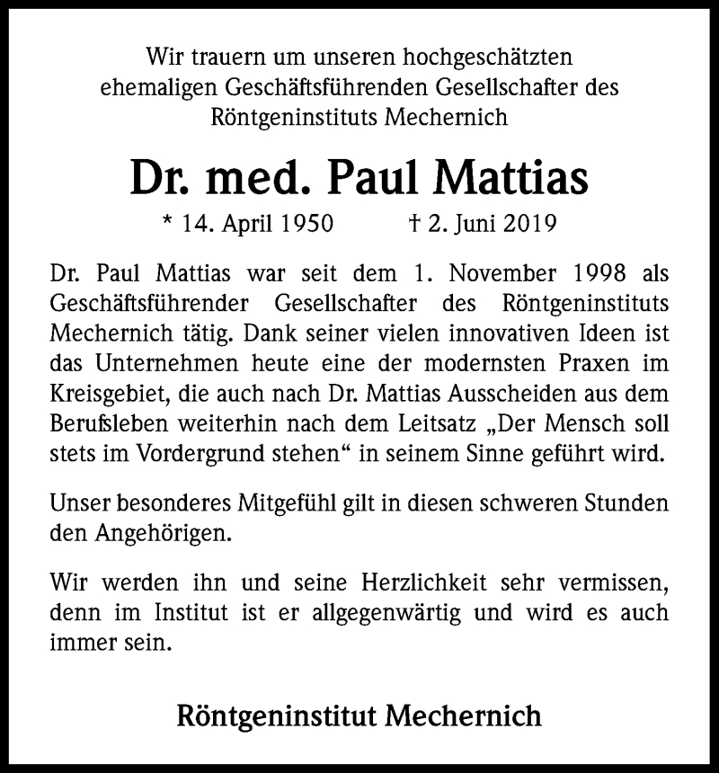  Traueranzeige für Paul Mattias vom 07.06.2019 aus Kölner Stadt-Anzeiger / Kölnische Rundschau / Express