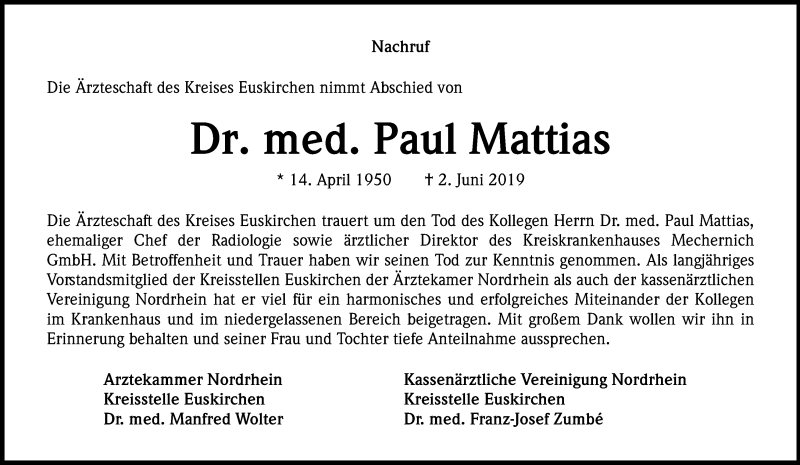  Traueranzeige für Paul Mattias vom 08.06.2019 aus Kölner Stadt-Anzeiger / Kölnische Rundschau / Express