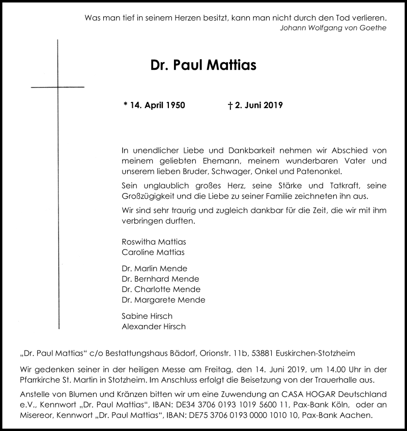  Traueranzeige für Paul Mattias vom 07.06.2019 aus Kölner Stadt-Anzeiger / Kölnische Rundschau / Express