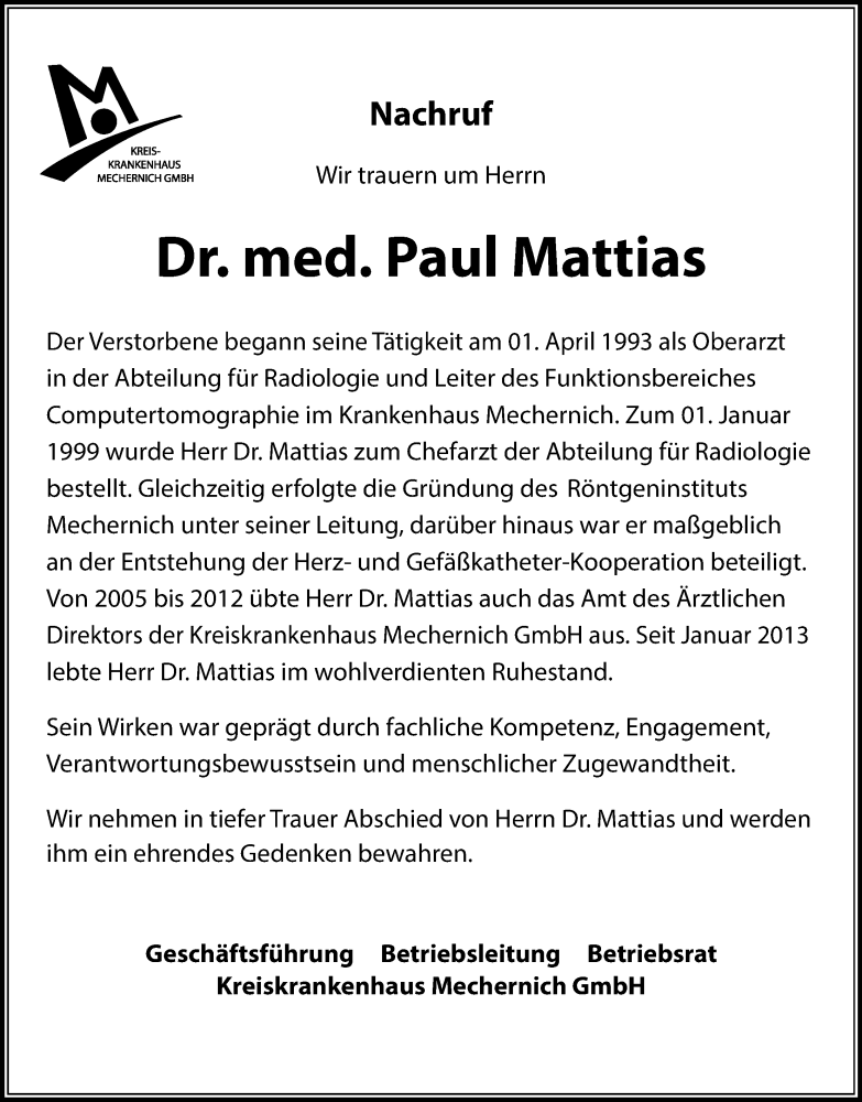  Traueranzeige für Paul Mattias vom 12.06.2019 aus Kölner Stadt-Anzeiger / Kölnische Rundschau / Express