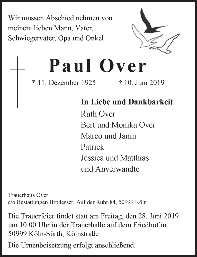  Traueranzeige für Paul Over vom 19.06.2019 aus  Kölner Wochenspiegel 