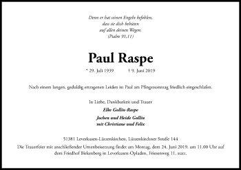 Anzeige von Paul Raspe von Kölner Stadt-Anzeiger / Kölnische Rundschau / Express