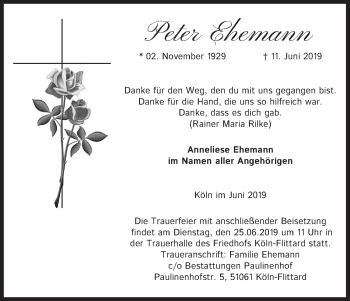 Anzeige von Peter Ehemann von Kölner Stadt-Anzeiger / Kölnische Rundschau / Express