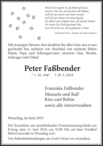 Anzeige von Peter Faßbender von  Schlossbote/Werbekurier 
