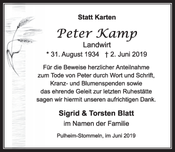 Anzeige von Peter Kamp von  Sonntags-Post 