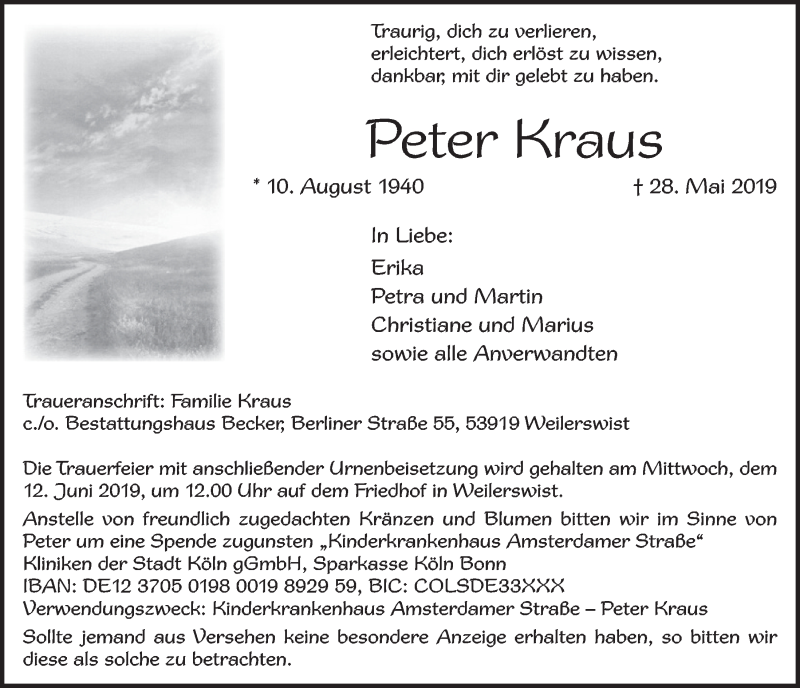  Traueranzeige für Peter Kraus vom 08.06.2019 aus  Blickpunkt Euskirchen 