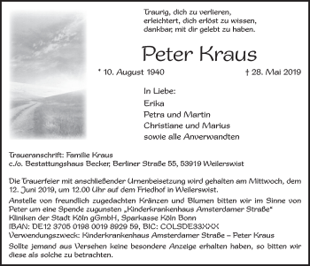 Anzeige von Peter Kraus von  Blickpunkt Euskirchen 