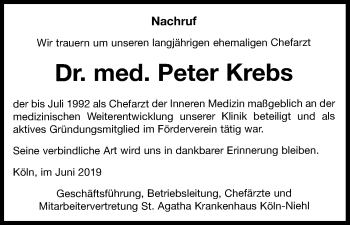 Anzeige von Peter Krebs von Kölner Stadt-Anzeiger / Kölnische Rundschau / Express