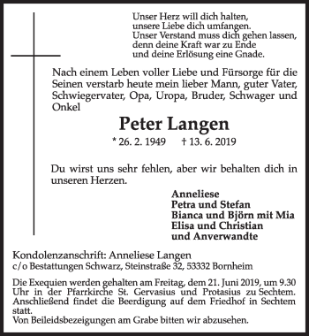 Anzeige von Peter Langen von  Schlossbote/Werbekurier 