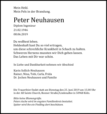 Anzeige von Peter Neuhausen von Kölner Stadt-Anzeiger / Kölnische Rundschau / Express