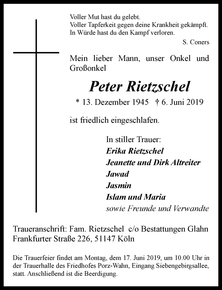  Traueranzeige für Peter Rietzschel vom 15.06.2019 aus 