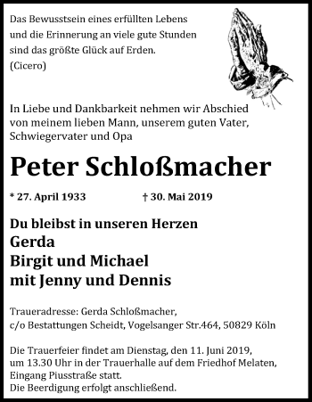 Anzeige von Peter Schloßmacher von Kölner Stadt-Anzeiger / Kölnische Rundschau / Express