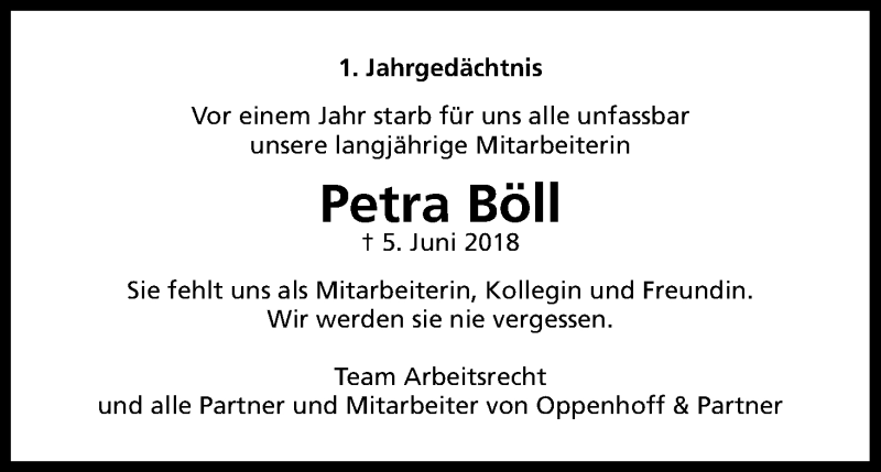  Traueranzeige für Petra Böll vom 05.06.2019 aus Kölner Stadt-Anzeiger / Kölnische Rundschau / Express