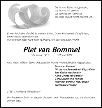 Anzeige von Piet van Bommel von Kölner Stadt-Anzeiger / Kölnische Rundschau / Express