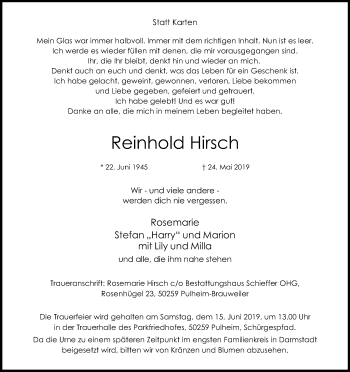Anzeige von Reinhold Hirsch von Kölner Stadt-Anzeiger / Kölnische Rundschau / Express