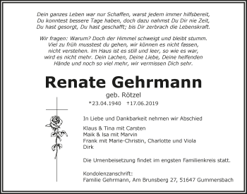 Anzeige von Renate Gehrmann von  Anzeigen Echo 