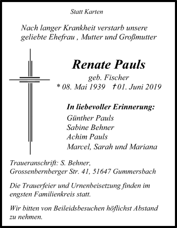 Anzeige von Renate Pauls von Kölner Stadt-Anzeiger / Kölnische Rundschau / Express