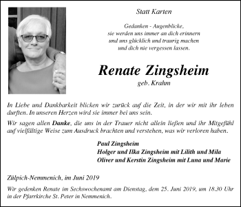 Anzeige von Renate Zingsheim von  Blickpunkt Euskirchen 