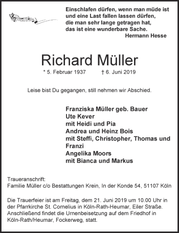 Anzeige von Richard Müller von  Kölner Wochenspiegel 