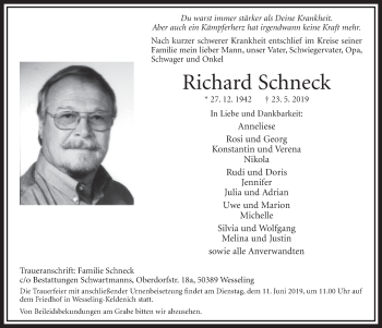 Anzeige von Richard Schneck von  Schlossbote/Werbekurier 