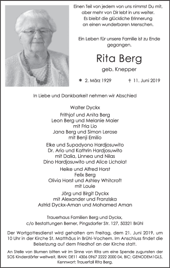 Anzeige von Rita Berg von  Schlossbote/Werbekurier 