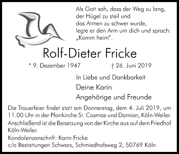 Anzeige von Rolf-Dieter Fricke von Kölner Stadt-Anzeiger / Kölnische Rundschau / Express