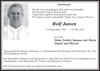 Anzeige von Rolf Jansen von  Sonntags-Post 