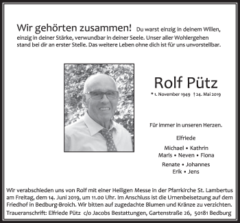Anzeige von Rolf Pütz von  Sonntags-Post 