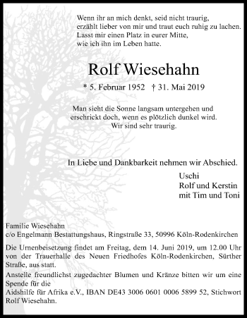 Anzeige von Rolf Wiesehahn von Kölner Stadt-Anzeiger / Kölnische Rundschau / Express